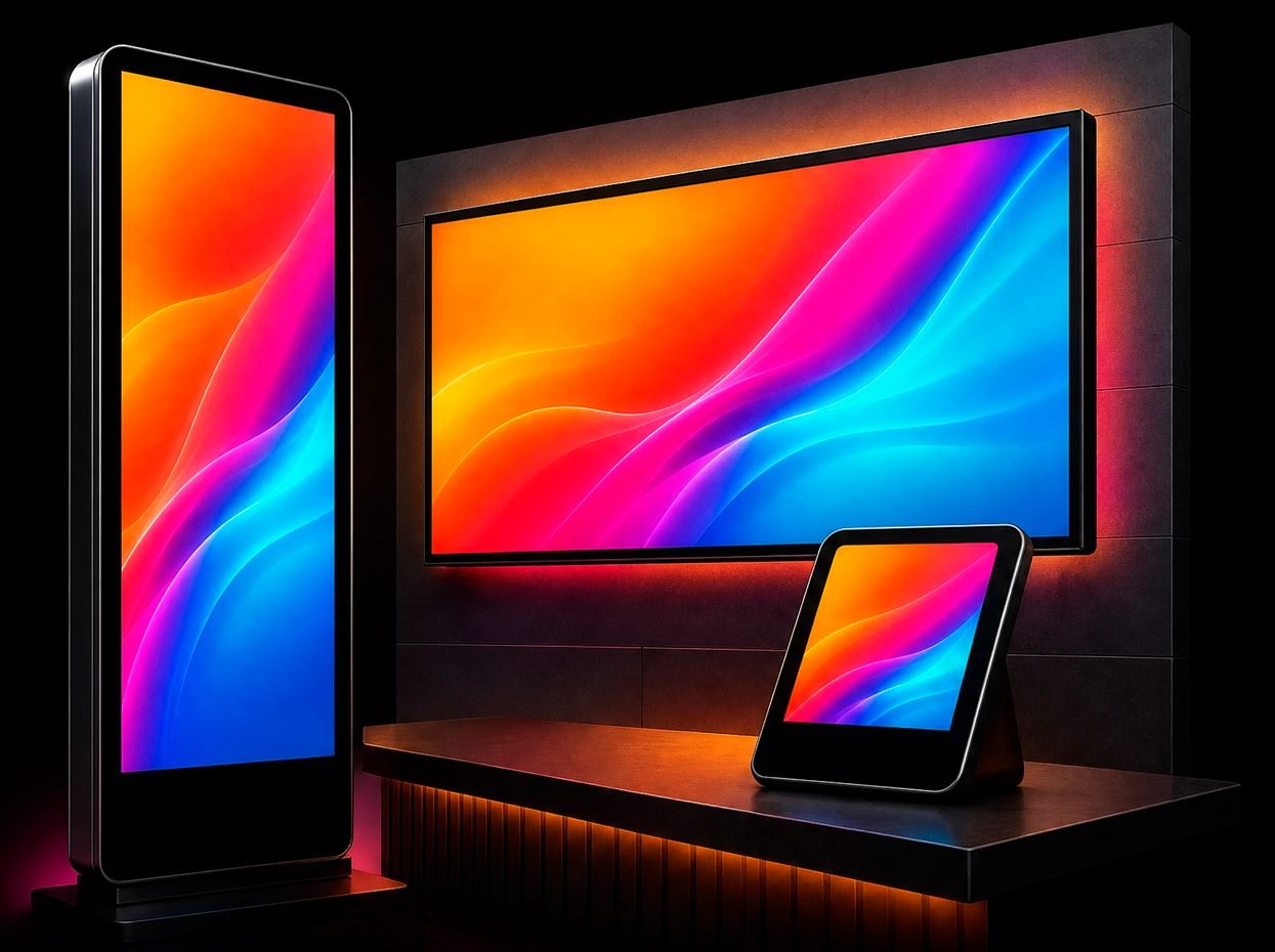 Totem vertical, painel de parede e tablet exibindo conteúdo em um ambiente comercial